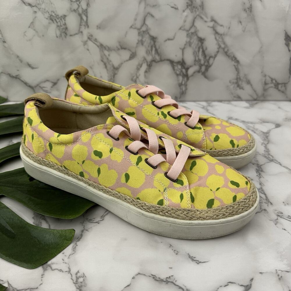 Spenco Womens Sneakers Size 9.5 Pink Yellow Lemons Slip On Canvas Espadrille
